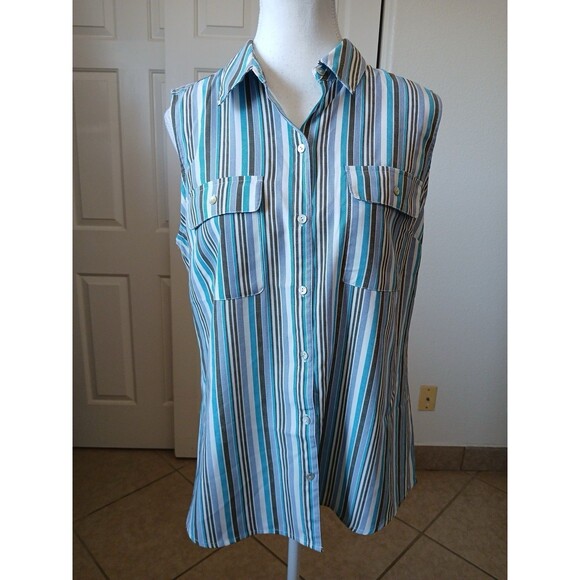 LEE RIDERS Womens Blouse Striped Button Front Shirt Multicolor Medium Sleeveless - Picture 1 of 12